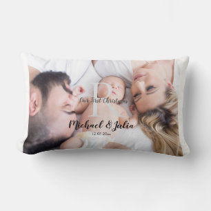 personalised simple monogram name first christmas lumbar cushion