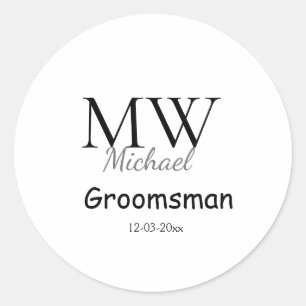 personalised simple monogram name groomsman minima classic round sticker
