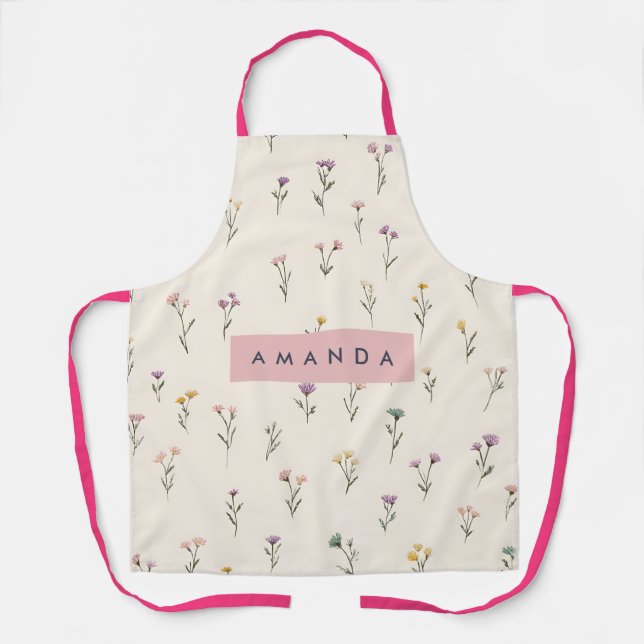 Personalised Simple Pastel Flower Motif on Cream Apron (Front)