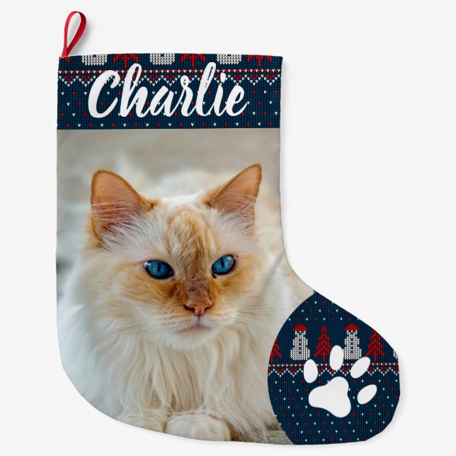 Personalised Simple Paw Pet Photo Monogram Name Large Christmas Stocking (Front)