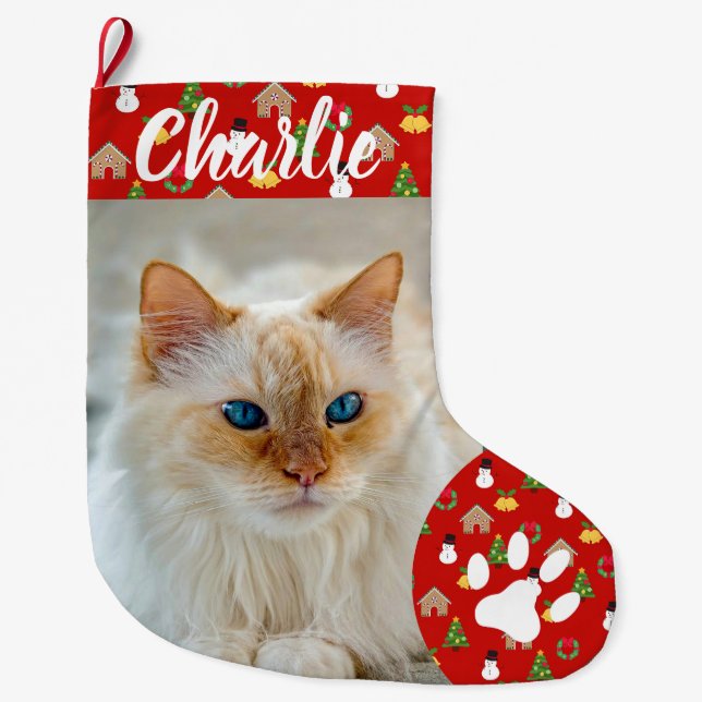 Personalised Simple Paw Pet Photo Monogram Name Large Christmas Stocking (Front)