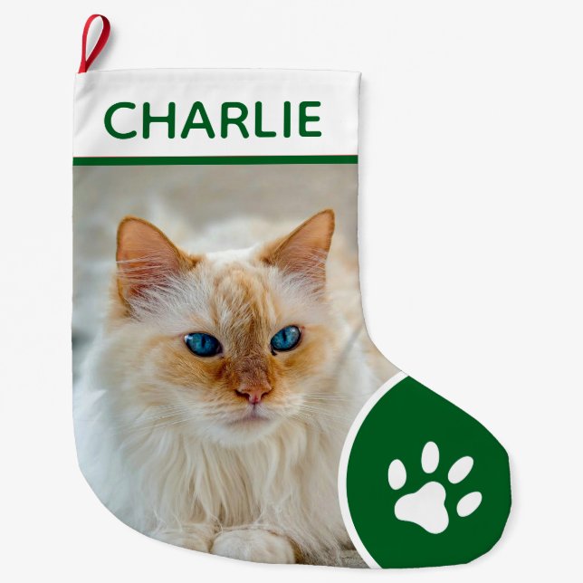 Personalised Simple Paw Pet Photo Monogram Name Large Christmas Stocking (Front)