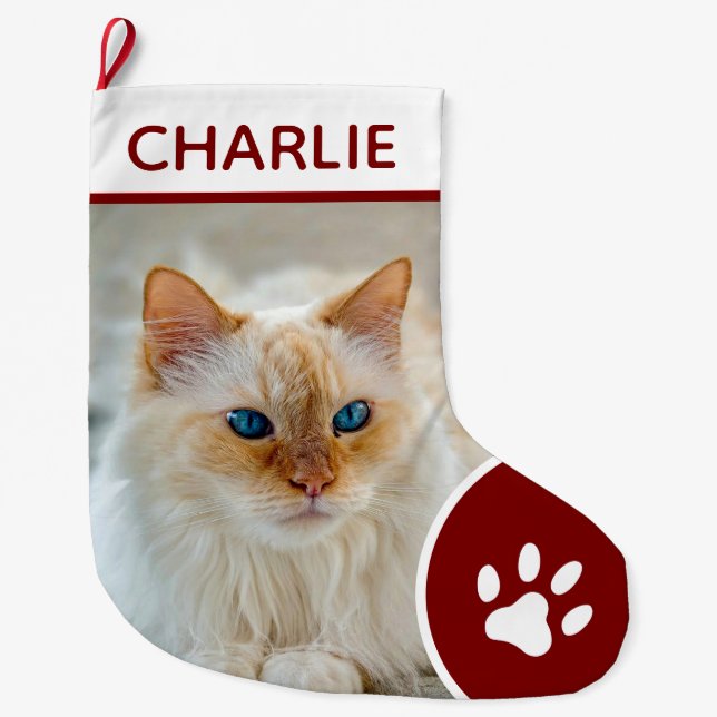 Personalised Simple Paw Pet Photo Monogram Name Large Christmas Stocking (Front)