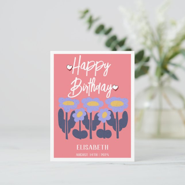Personalised Simple Purple Floral  Female Birthday Postcard (Standing Front)