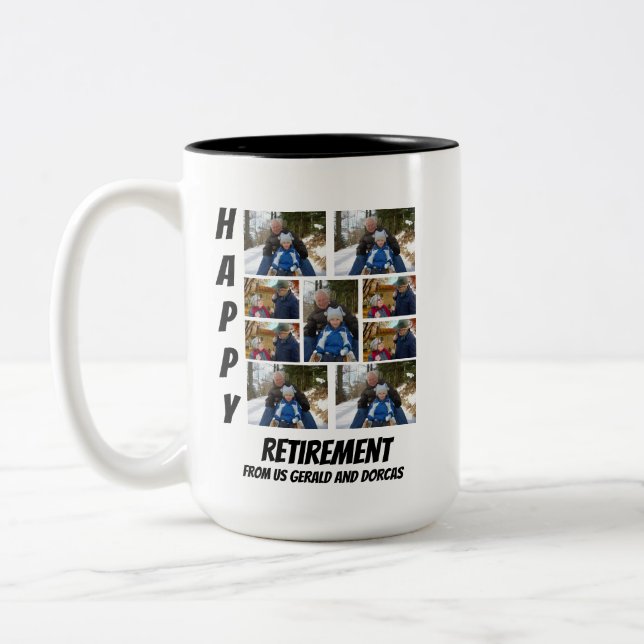 Personalised Simple Retirement  9 Photo Collage Two-Tone Coffee Mug (Left)