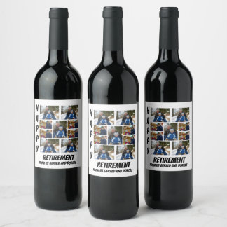 Personalised Simple Retirement 9 Photo Collage Wine Label