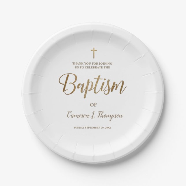 Personalised Simple white Gold Cross Baby Baptism  Paper Plate (Front)