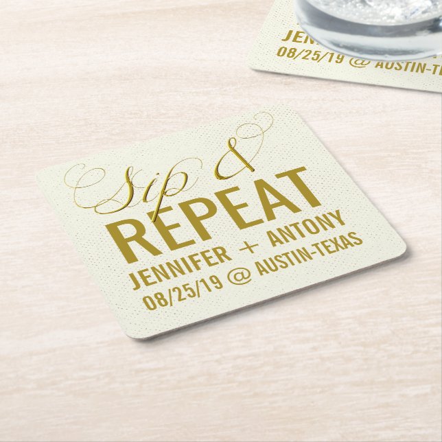 Personalised "Sip & Repeat" Custom Wedding Favour Square Paper Coaster (Angled)