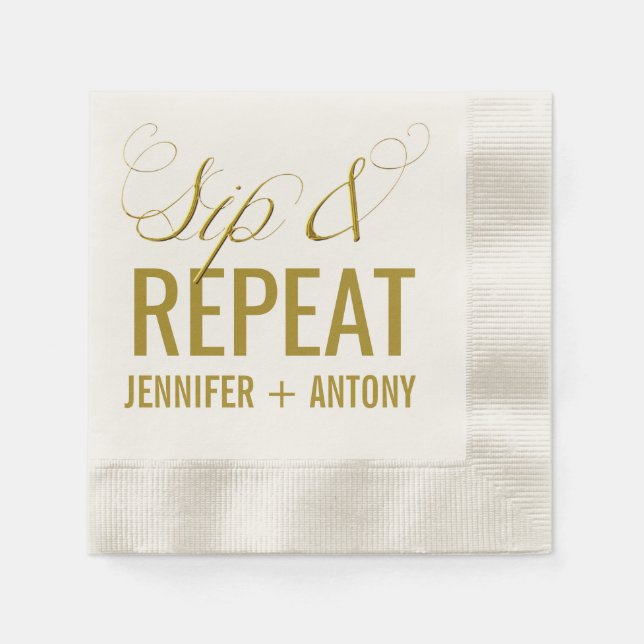 Personalised "Sip & Repeat" Wedding Cocktail Napkin (Front)