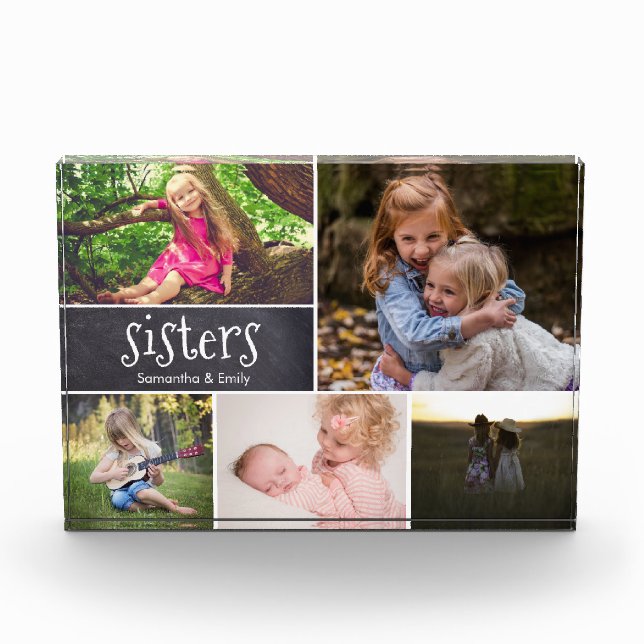 Personalised Sisters Photo Collage chalkboard etch Block (Front)