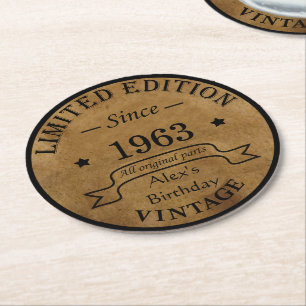 Personalised sixty vintage 60th birthday gifts round paper coaster