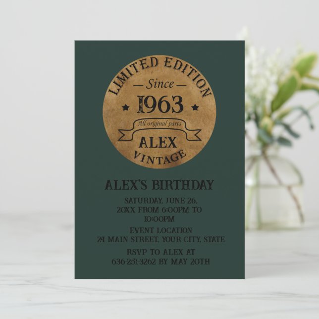Personalised sixty vintage 60th birthday party invitation (Standing Front)