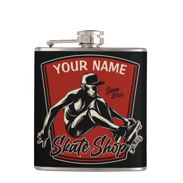 Personalised Skate Shop Grab Trick Skateboarding  Hip Flask (Front)