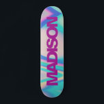 Personalised Skateboard Name Retro 90 Vaporwave<br><div class="desc">Easily personalise this colourful Skateboard Custom Name Retro 90 Vaporwave abstract design featuring blue,  pink and yellow rainbow shades and purple violet and cool sans serif font. Add your name,  choose font,  change size and position,  add clipart,  photos and shapes. Simple and beautiful,  perfect as kids gift idea.</div>