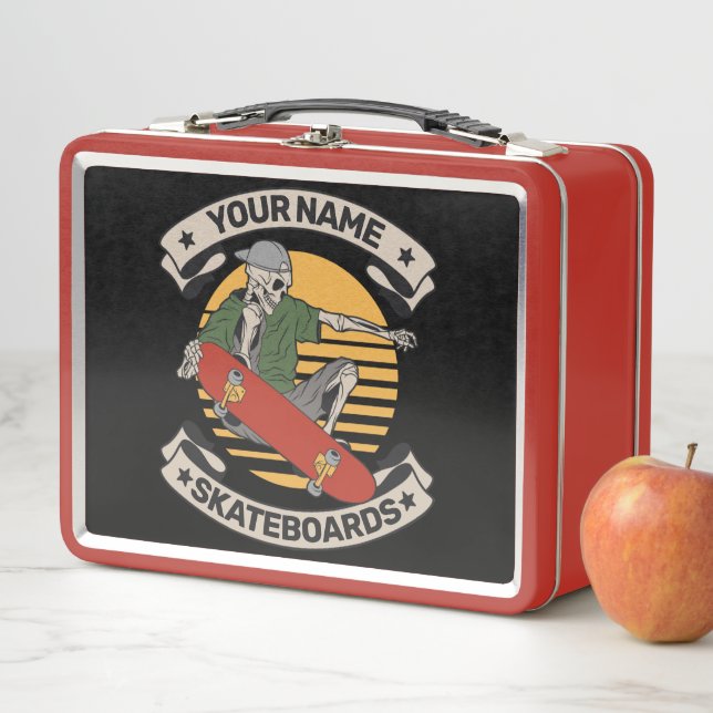 Personalised Skateboard Nose Grab Skeleton Skater  Metal Lunch Box (In Situ)
