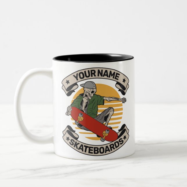 Personalised Skateboard Nose Grab Skeleton Skater  Two-Tone Coffee Mug (Left)