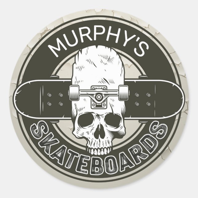 Personalised Skater NAME Skull Skateboarding Skate Classic Round Sticker (Front)