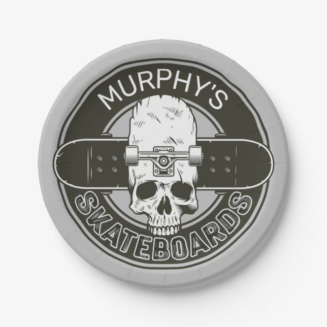 Personalised Skater NAME Skull Skateboarding Skate Paper Plate (Front)