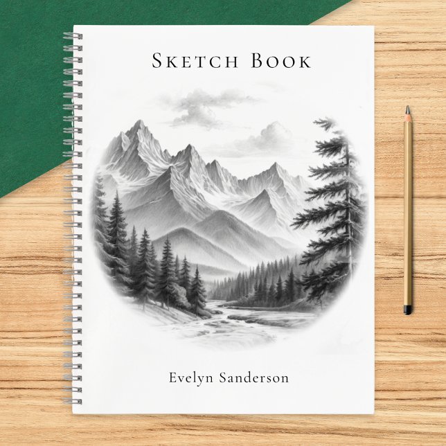 Personalised Sketchbook Modern Mountain Art Notebook (An elegant spiral-bound sketch book with mountain scenery design, personalized with a name)