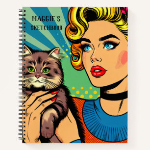Personalised Sketchbook Retro Lady and Cat Notebook