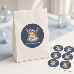 Personalised Ski Teddy Bear 5th Birthday Classic Round Sticker