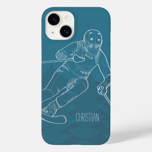 Personalised Skier Sketched Drawing on Blue Case-Mate iPhone Case (Back)