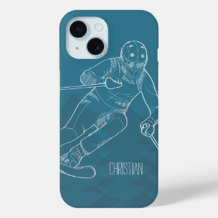 Personalised Skier Sketched Drawing on Blue iPhone 15 Case