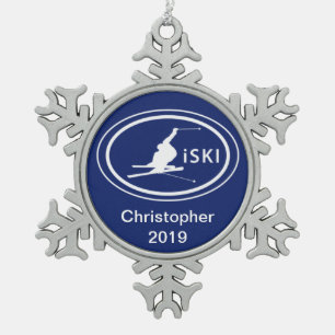 Personalised Skiing iSKI Oval Mountain Snowflake Pewter Christmas Ornament
