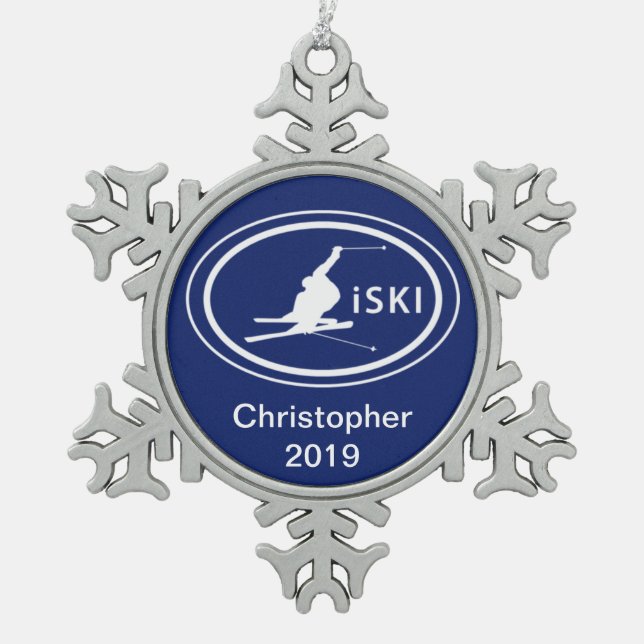Personalised Skiing iSKI Oval Mountain Snowflake Pewter Christmas Ornament (Front)