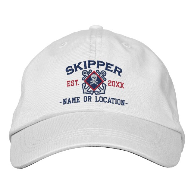Personalised Skipper Nautical Crossbones Skull Embroidered Hat (Front)