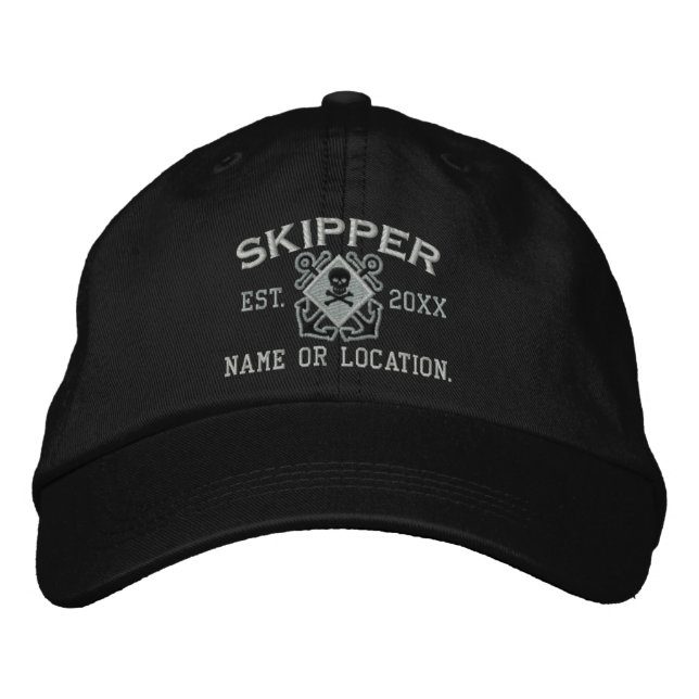 Personalised Skipper Nautical Crossbones Skull Embroidered Hat (Front)