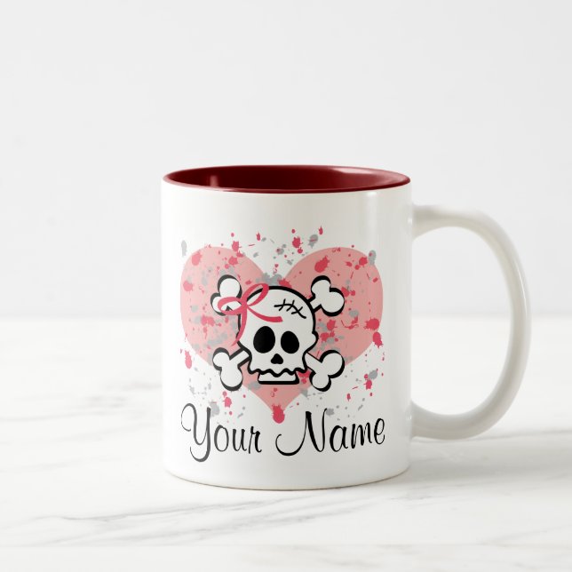 Personalised Skull Mug Pink Bow Heart (Right)