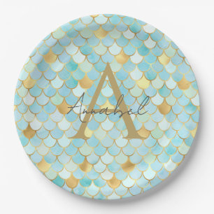 Personalised sky blue and Gold Mermaid Scales  Paper Plate