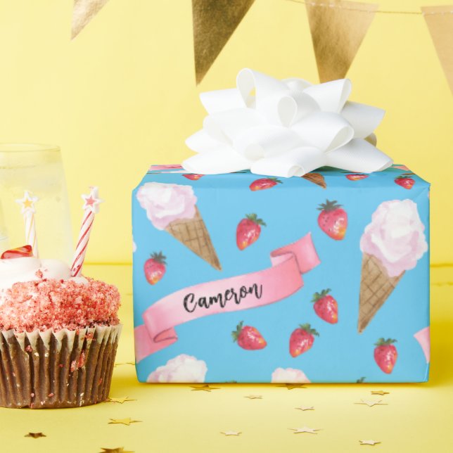 Personalised Sky Blue Strawberry Ice Cream Cone Wrapping Paper (Birthday Party)