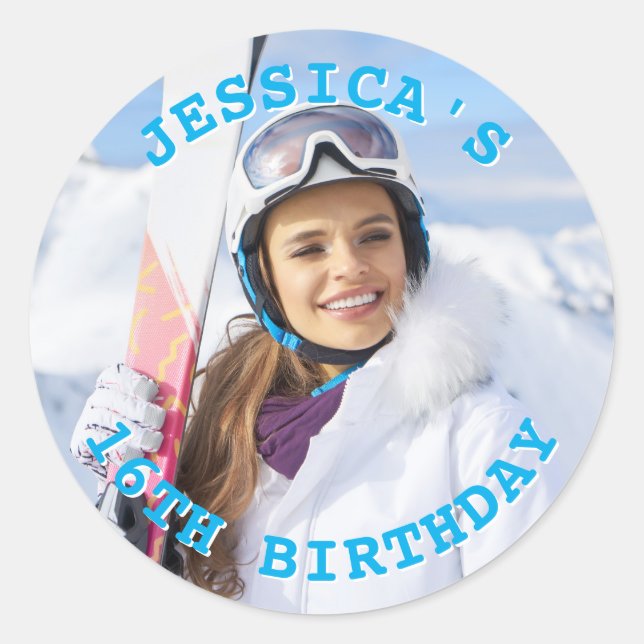 Personalised Sky Blue Text Family Photo Birthday Classic Round Sticker (Front)