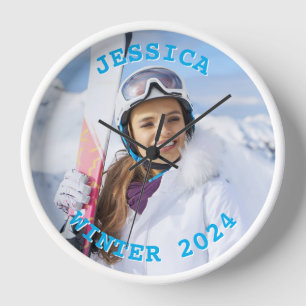Personalised Sky Blue Text Family Photo Clock