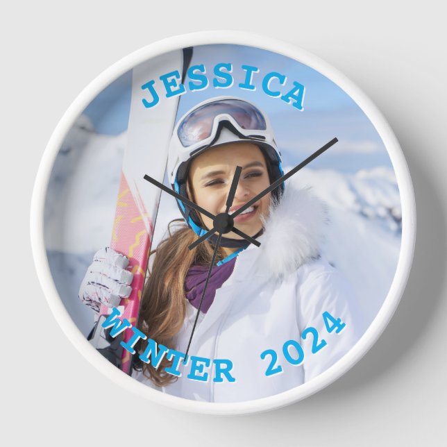 Personalised Sky Blue Text Family Photo Clock (Front)