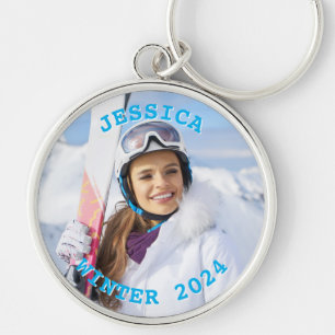 Personalised Sky Blue Text Family Photo Key Ring
