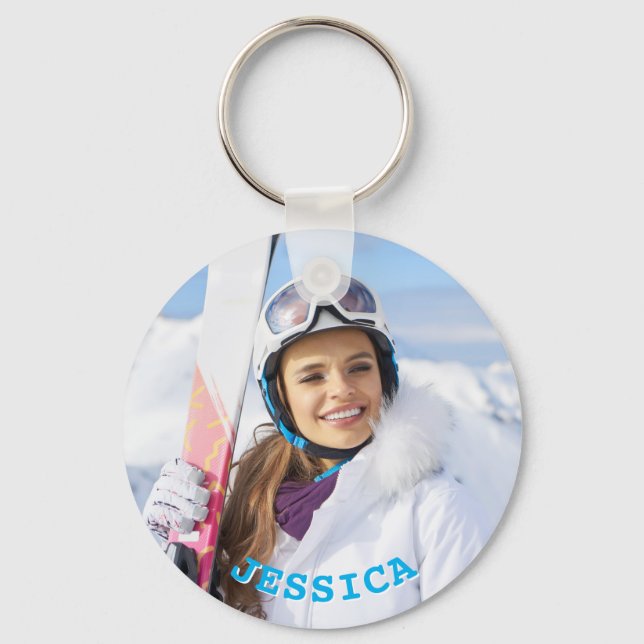 Personalised Sky Blue Text Family Photo Key Ring (Front)
