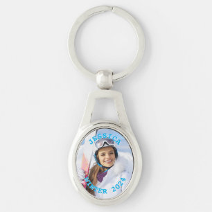Personalised Sky Blue Text Family Photo Key Ring