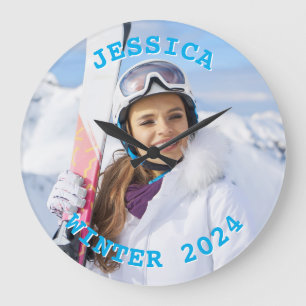 Personalised Sky Blue Text Family Photo Large Clock