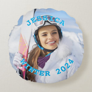 Personalised Sky Blue Text Family Photo Round Cushion