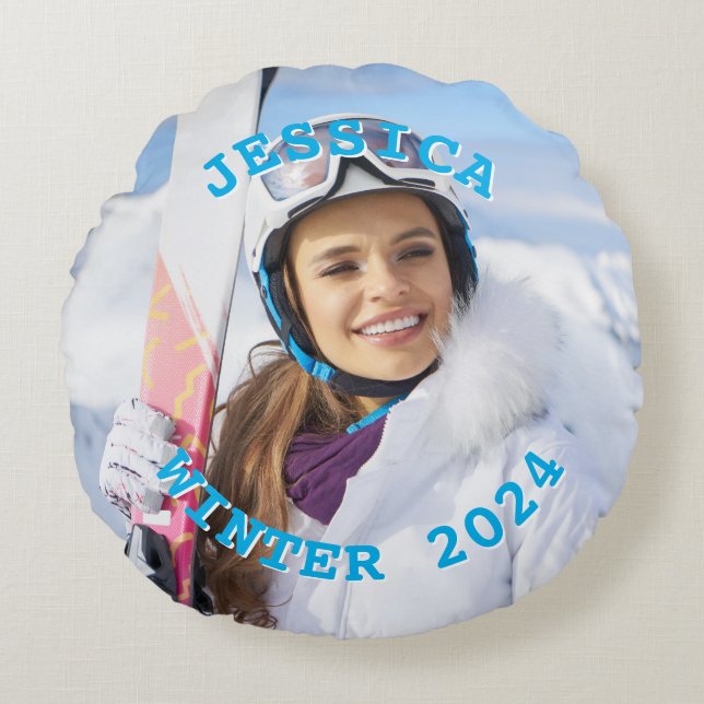 Personalised Sky Blue Text Family Photo Round Cushion (Front)