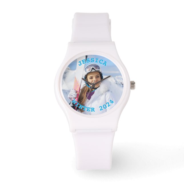 Personalised Sky Blue Text Family Photo Watch (Front)