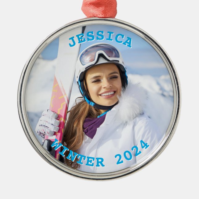 Personalised Sky Blue Text Round Family Photo Metal Ornament (Front)
