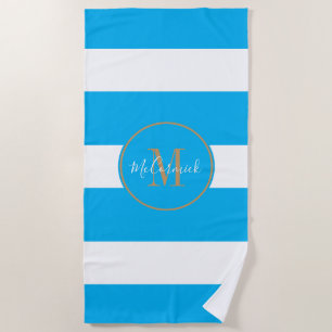 Personalised Sky Blue White Stripes Monogram Beach Towel