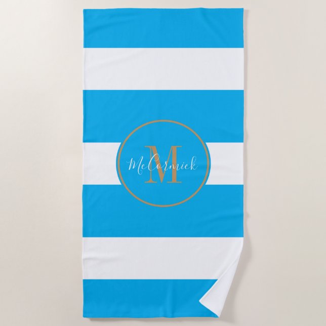 Personalised Sky Blue White Stripes Monogram Beach Towel (Front)