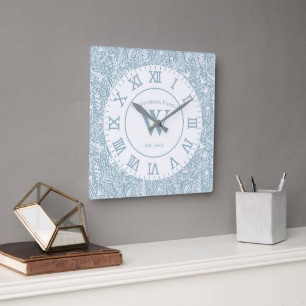 Personalised Slate Blue and White Floral Square Wall Clock