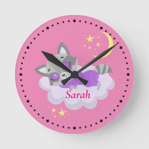 Personalised Sleeping Baby Racoon Nursery  Round Clock