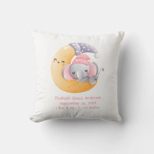 Personalised Sleeping Elephant Moon Pink Girl Baby Cushion